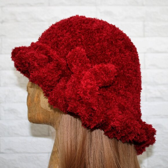 HAND CRAFTED Hat Crochet Bucket Teddy Faux Fur Winter Full Ruffle Red Burgundy - Picture 1 of 11